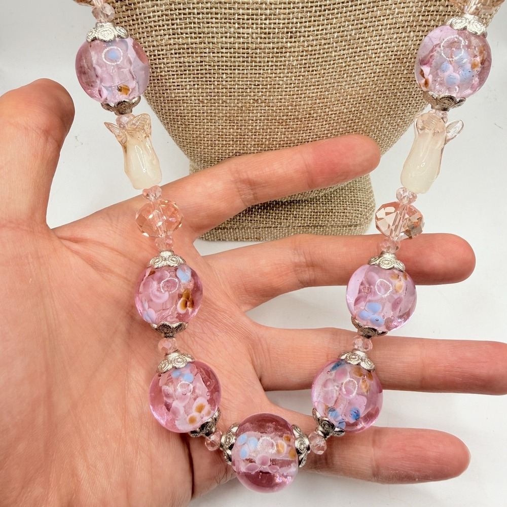 Vintage Chunky Pink Floral Lampwork Crystal Art Glass Beaded Necklace 25"